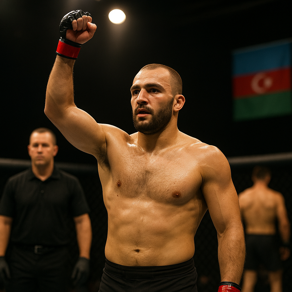 An Azerbaijani MMA fighter celebrates a victory inside a cage at an international tournament.