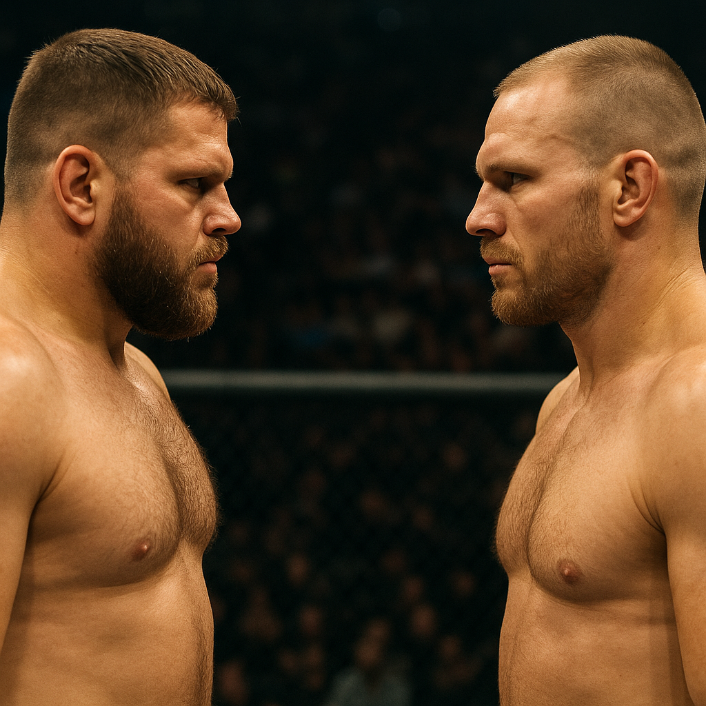 Two heavyweight MMA fighters face off inside an octagon beneath bright Las Vegas arena